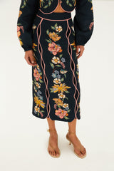 Dark Blue Maira Floral Euroflax Premium Linen Midi Skirt - FARM Rio MAIRA FLORAL DARK BLUE
