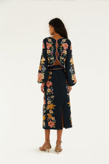 Dark Blue Maira Floral Euroflax Premium Linen Midi Skirt - FARM Rio MAIRA FLORAL DARK BLUE