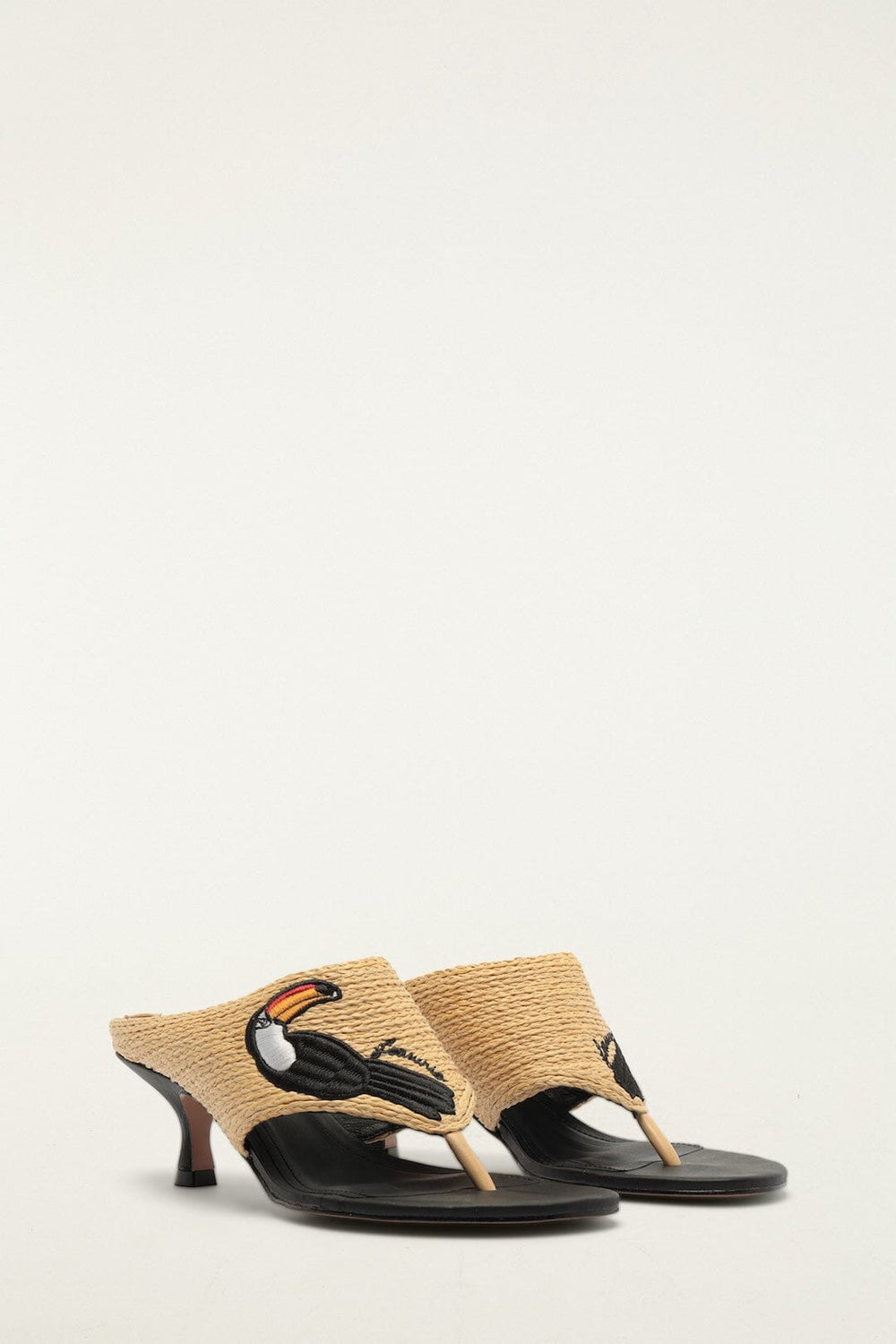 Raffia Embroidered Icons Kitten Heeled Sandal - FARM Rio TUCAN BLACK