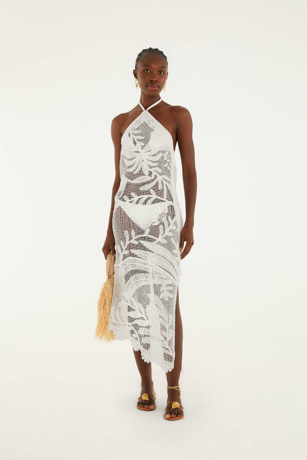 White Crochet Halter Neck Sheer Midi Dress - FARM Rio MARTINA TAPESTRY