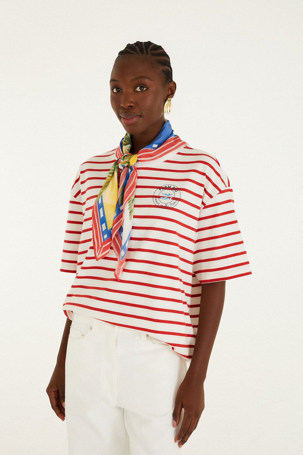 Red Summer In The Tropics Stripes T-Shirt & Scarf - FARM Rio OFF-WHITE