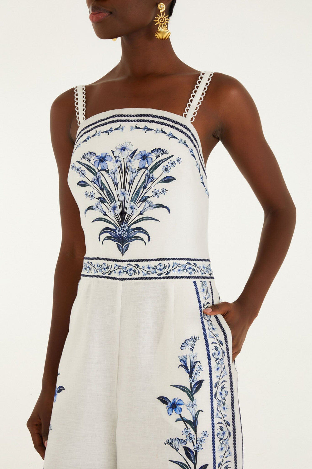 Off-White Flowers Arch Euroflax Premium Linen Maxi Jumpsuit - FARM Rio FLOWERS ARCH OFF-WHITE