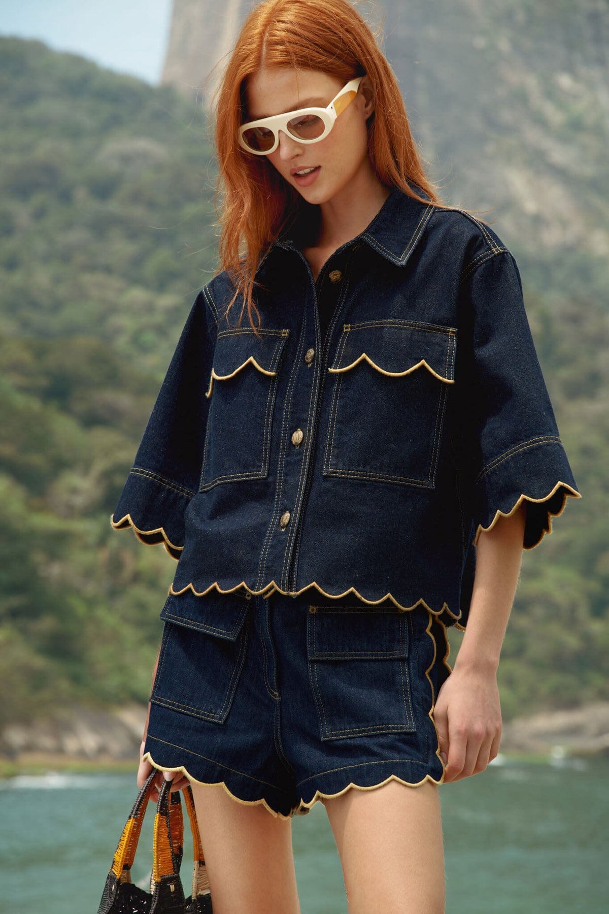 Dark Denim Wavy Hem Short Sleeve Shirt - FARM Rio DENIM