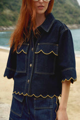 Dark Denim Wavy Hem Short Sleeve Shirt - FARM Rio DENIM