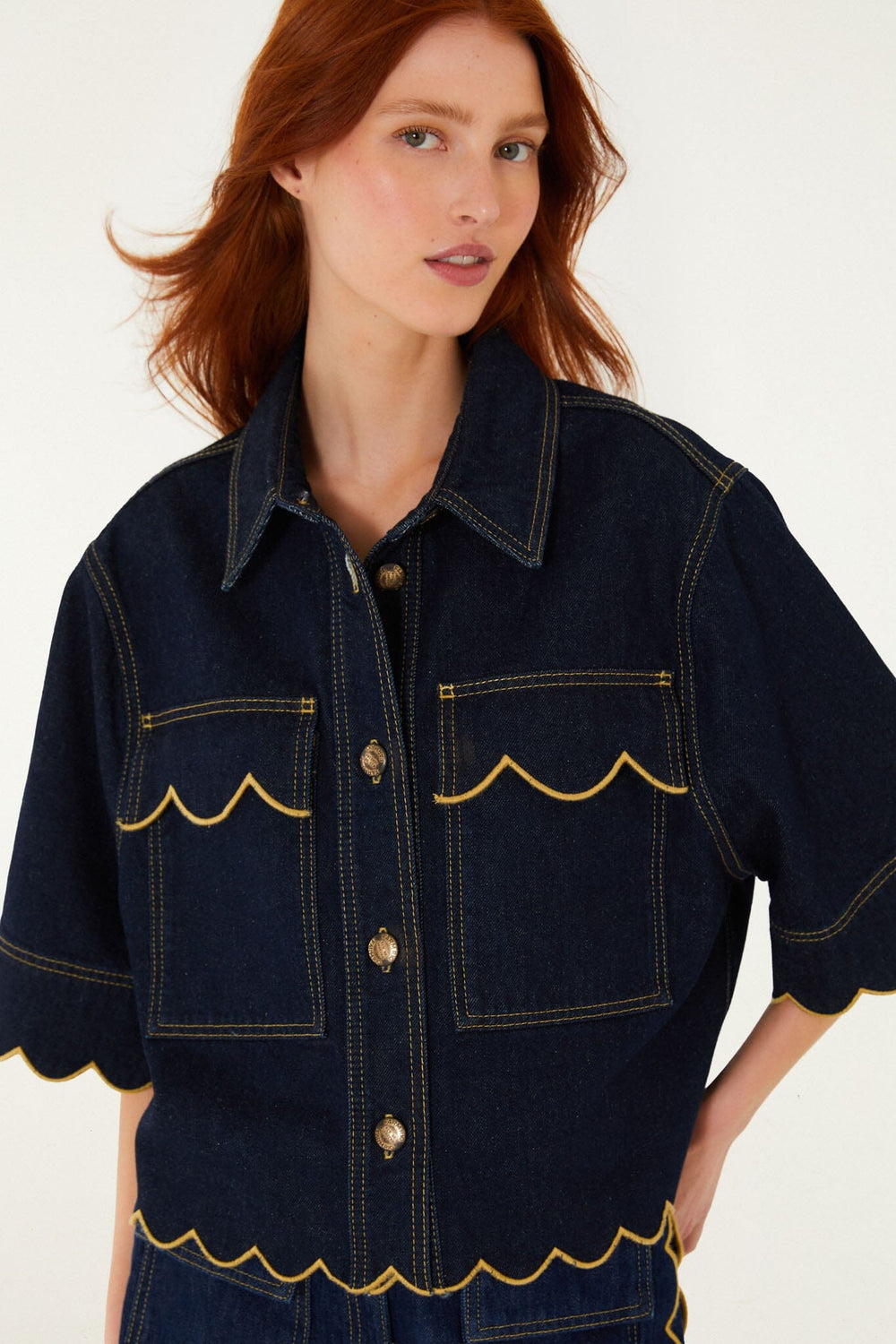 Dark Denim Wavy Hem Short Sleeve Shirt - FARM Rio DENIM