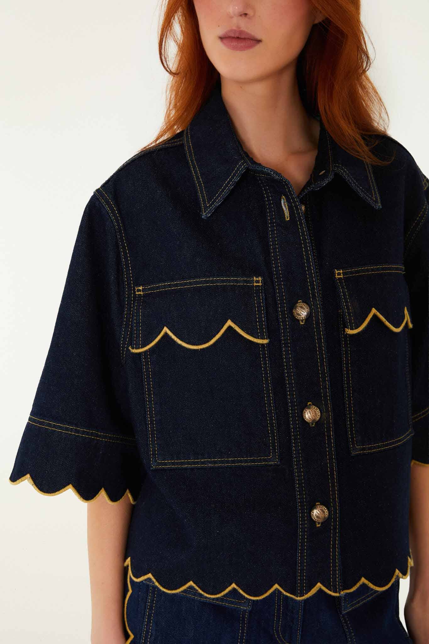 Dark Denim Wavy Hem Short Sleeve Shirt - FARM Rio DENIM