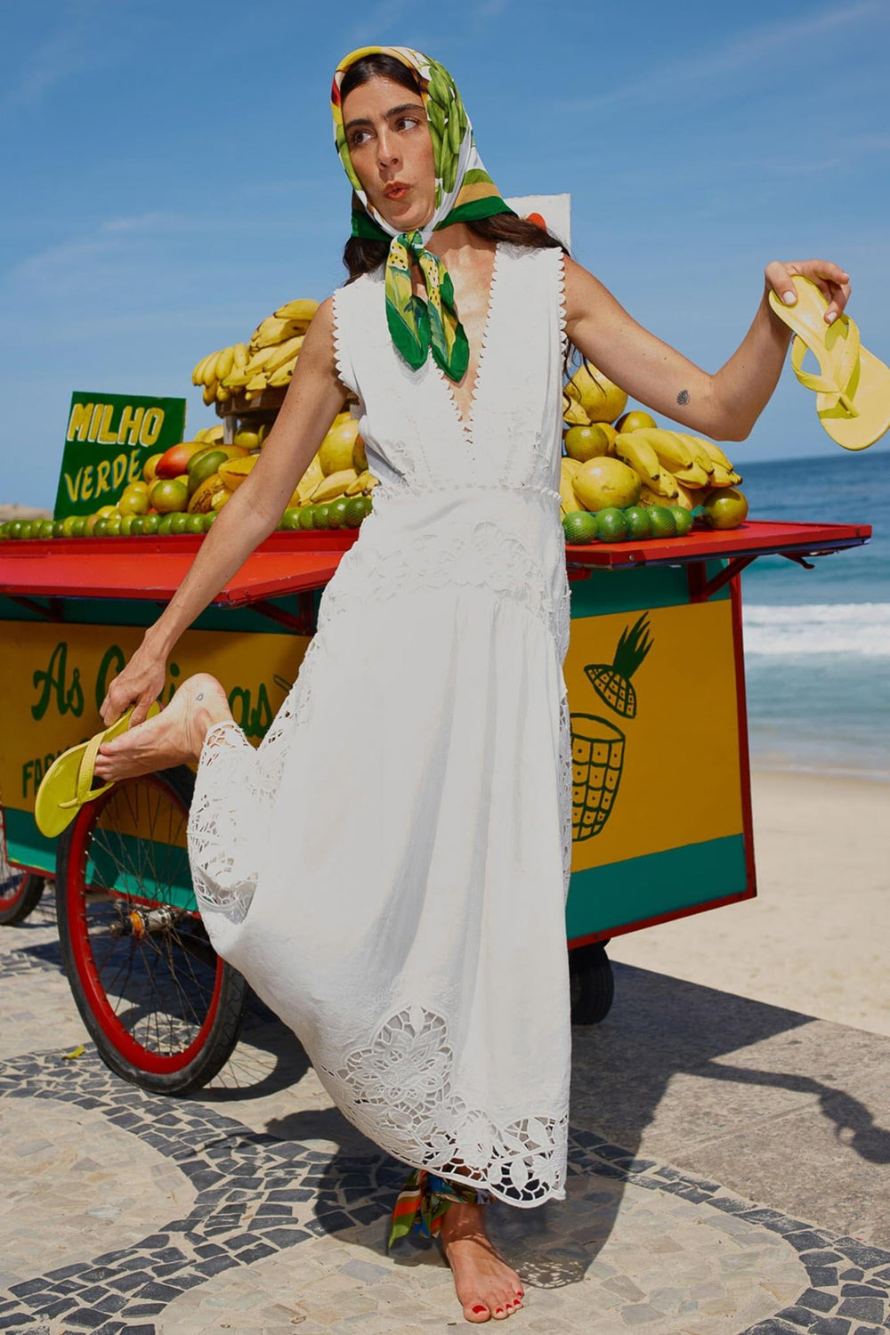 Off-White Richelieu V Neck Sleeveless Midi Dress - FARM Rio OFF-WHITE