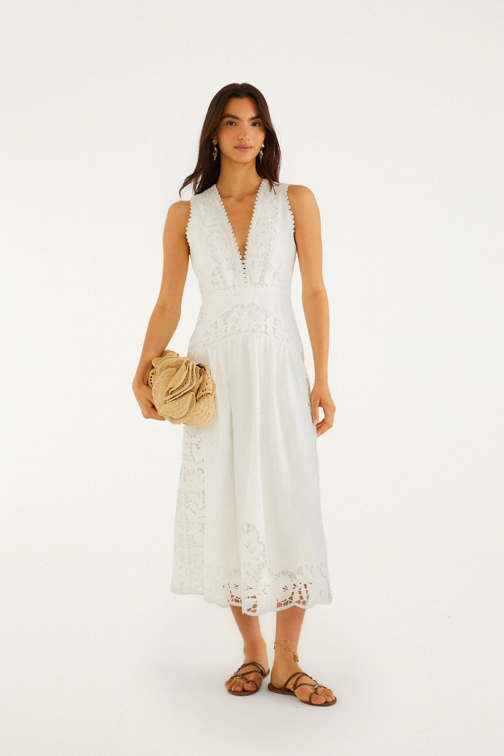 Off-White Richelieu V Neck Sleeveless Midi Dress - FARM Rio OFF-WHITE