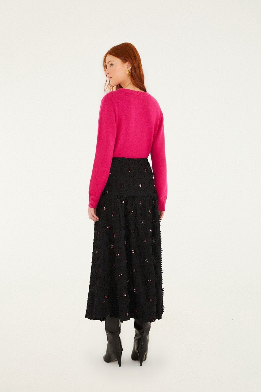 Black 3d Flowers Embroidered Midi Skirt - FARM Rio BLACK