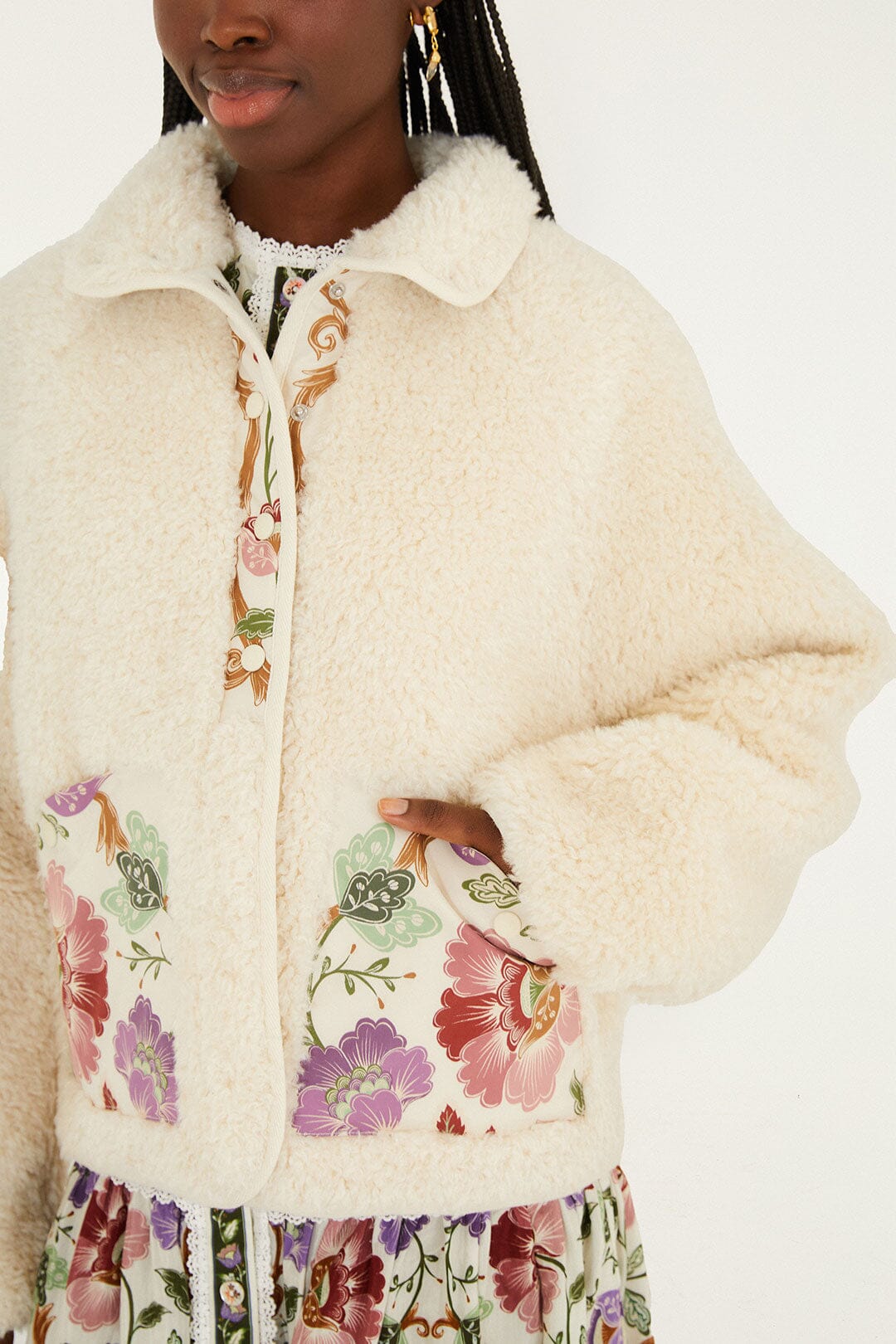 Cream Rococo Flowers Bomber Fleece Jacket - FARM Rio ROCOCO FLOWERS CREAM