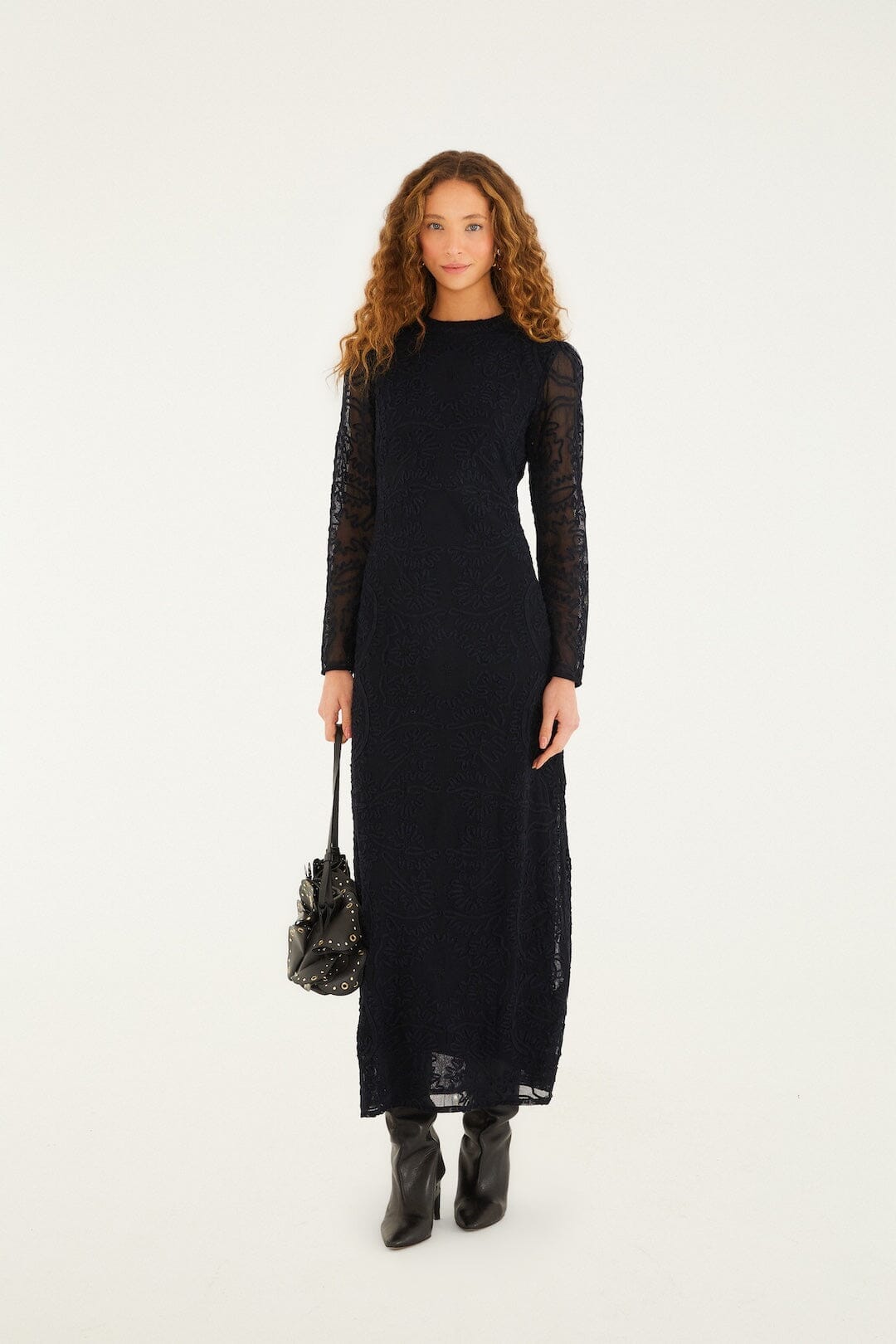 Black Embroidered Sheer Sleeve Maxi Dress - FARM Rio BLACK