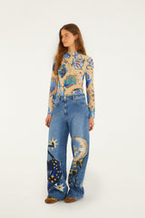 Sand Mystical Long Sleeve Tulle Blouse - FARM Rio MYSTICAL BLUE