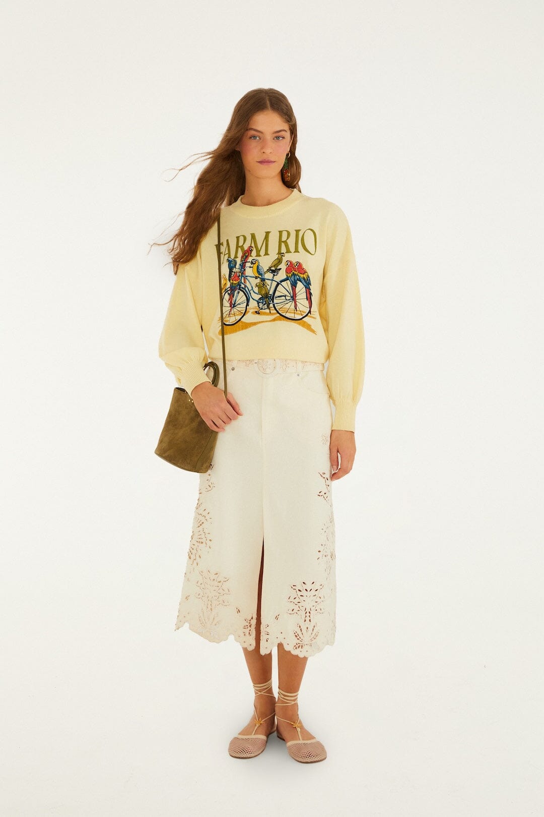 Beige Geometric Richelieu Twill Midi Skirt - FARM Rio BEIGE