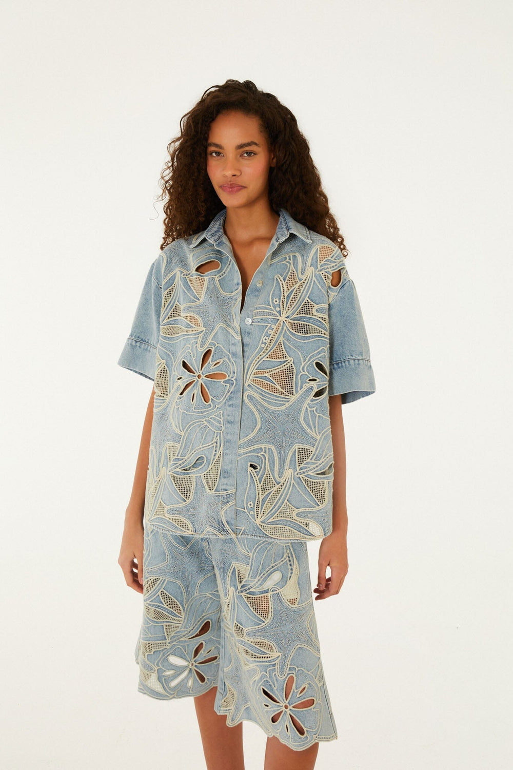 Denim Sea Desire Embroidered Bermuda Shorts - FARM Rio DENIM