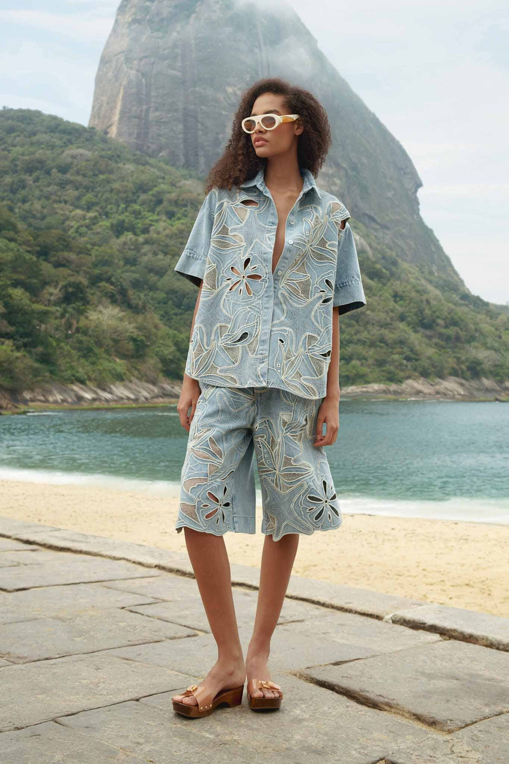 Denim Sea Desire Embroidered Bermuda Shorts - FARM Rio DENIM