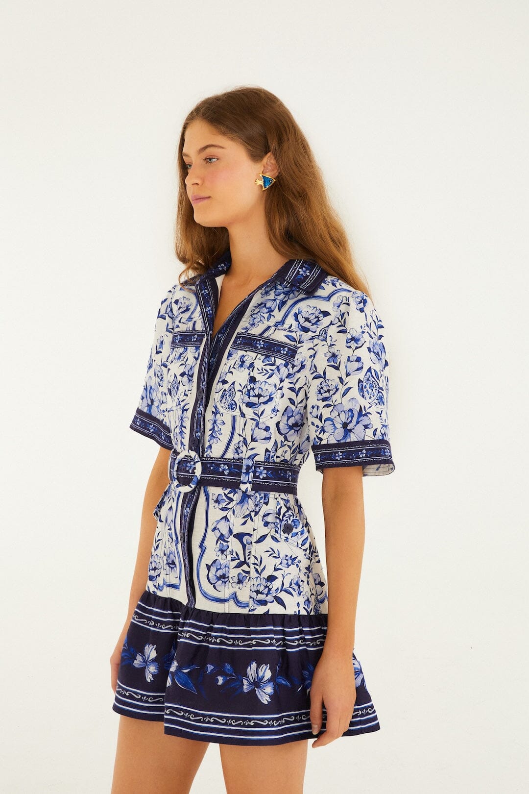 Off-White Porcelain Garden Euroflax Premium Linen Mini Dress - FARM Rio PORCELAIN GARDEN OFF-WHITE