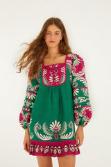 Multicolor Spring Arabesc Long Sleeve Euroflax Premium Linen Mini Dress - FARM Rio SPRING ARABESC MULTICOLOR