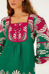 Multicolor Spring Arabesc Long Sleeve Euroflax Premium Linen Mini Dress - FARM Rio SPRING ARABESC MULTICOLOR