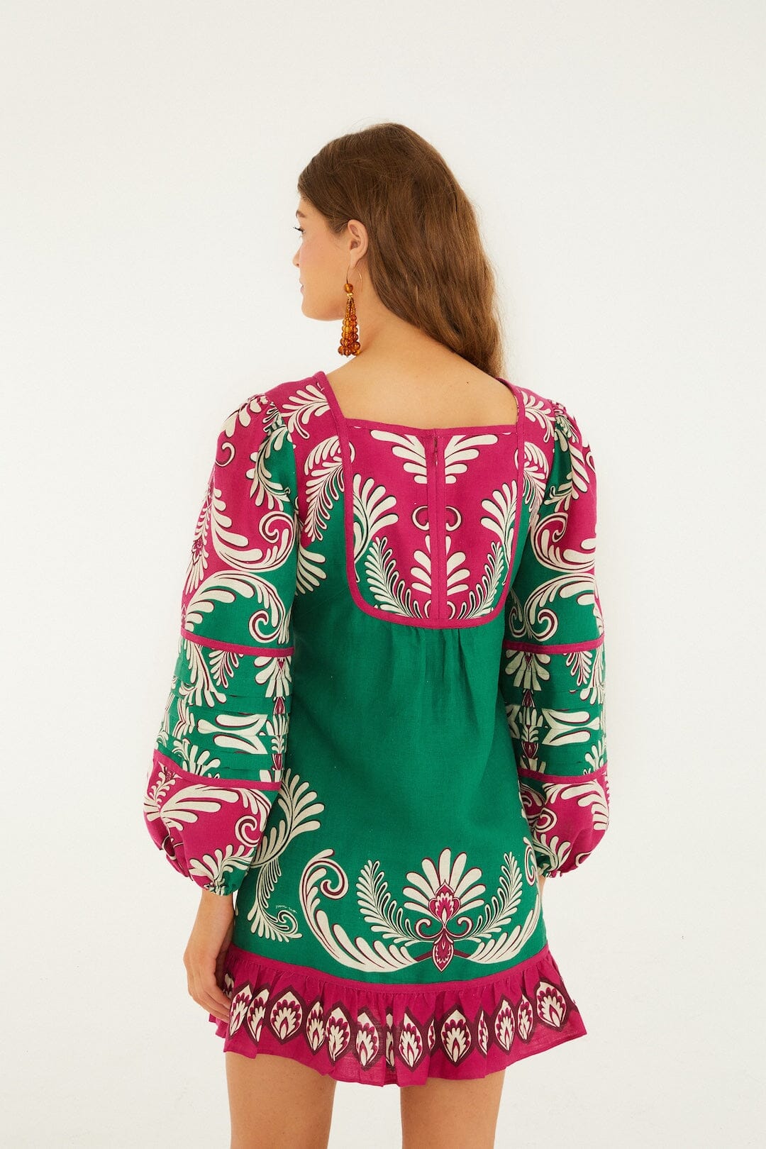 Multicolor Spring Arabesc Long Sleeve Euroflax Premium Linen Mini Dress - FARM Rio SPRING ARABESC MULTICOLOR