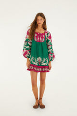 Multicolor Spring Arabesc Long Sleeve Euroflax Premium Linen Mini Dress - FARM Rio SPRING ARABESC MULTICOLOR