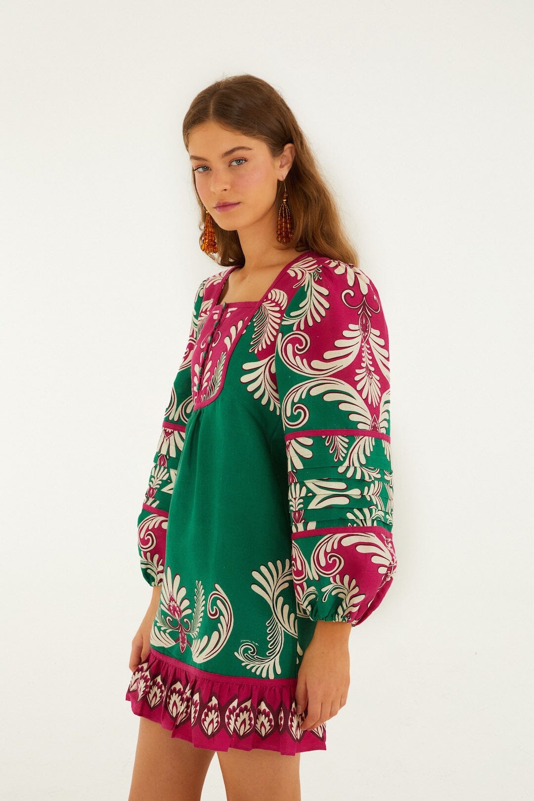 Multicolor Spring Arabesc Long Sleeve Euroflax Premium Linen Mini Dress - FARM Rio SPRING ARABESC MULTICOLOR