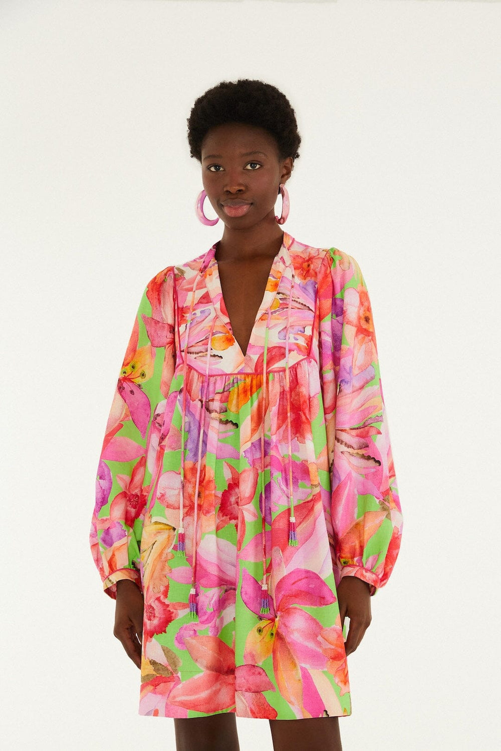 Multicolor Artsy Flora Lenzing Ecovero Euroflax Mini Dress - FARM Rio ARTSY FLORA GREEN