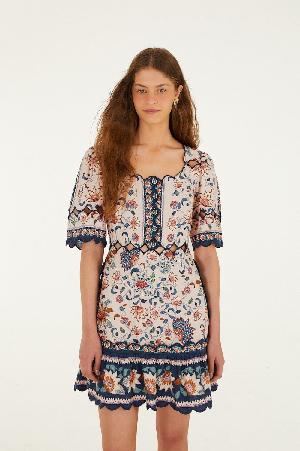 Pink Floral Delhi Tapestry Scallop Cut-Out Mini Dress - FARM Rio FLORAL DELHI TAPESTRY LIGHT PINK