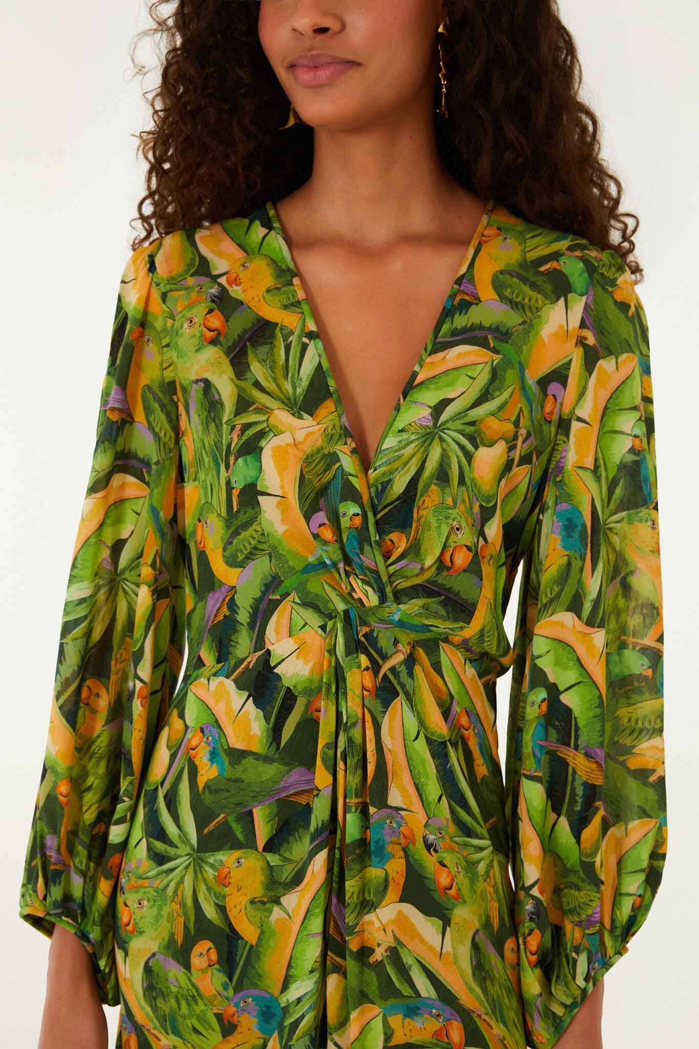 Forest Green Parrots Long Sleeve Dress - FARM Rio PARROTS FOREST GREEN