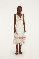 Off-White Flower Embroidery Asymetric Hem Midi Dress - FARM Rio OFF-WHITE