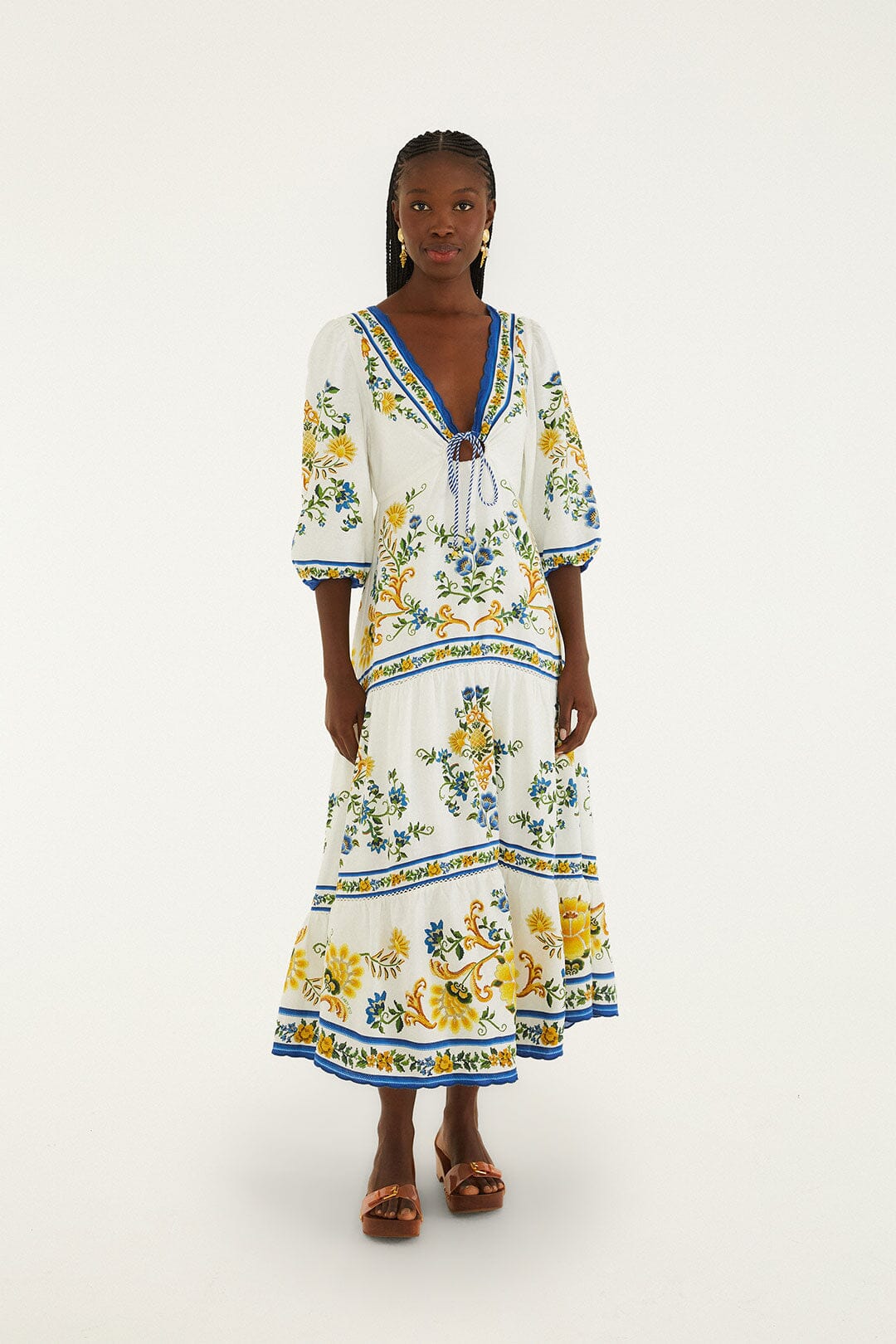 Off-White Emily Floral Tapestry Drawstring Midi Dress - FARM Rio EMILY FLORAL TAPESTRY OFF-WHITE
