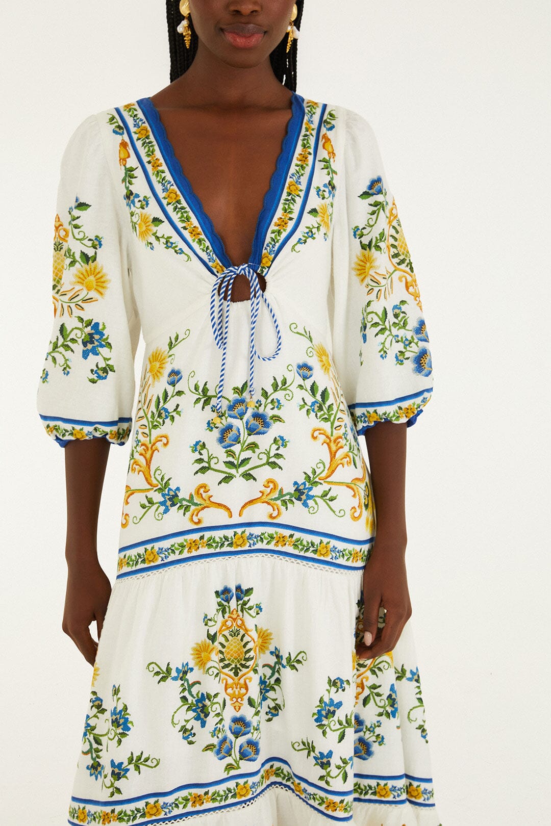 Off-White Emily Floral Tapestry Drawstring Midi Dress - FARM Rio EMILY FLORAL TAPESTRY OFF-WHITE