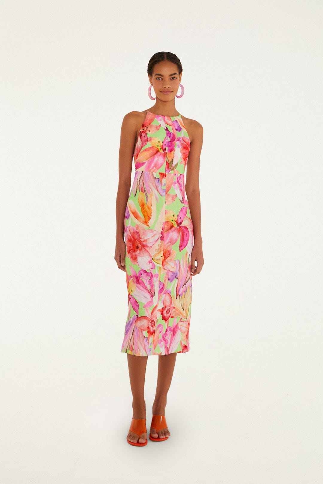 Multicolor Artsy Flora Euroflax Premium Linen Midi Dress - FARM Rio ARTSY FLORA GREEN