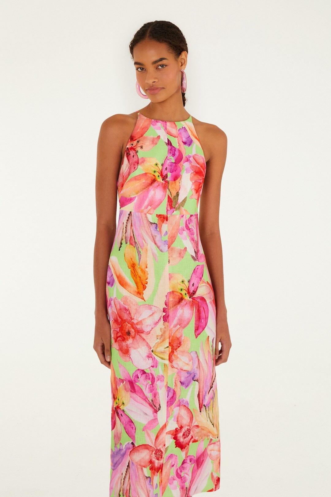 Multicolor Artsy Flora Euroflax Premium Linen Midi Dress - FARM Rio ARTSY FLORA GREEN