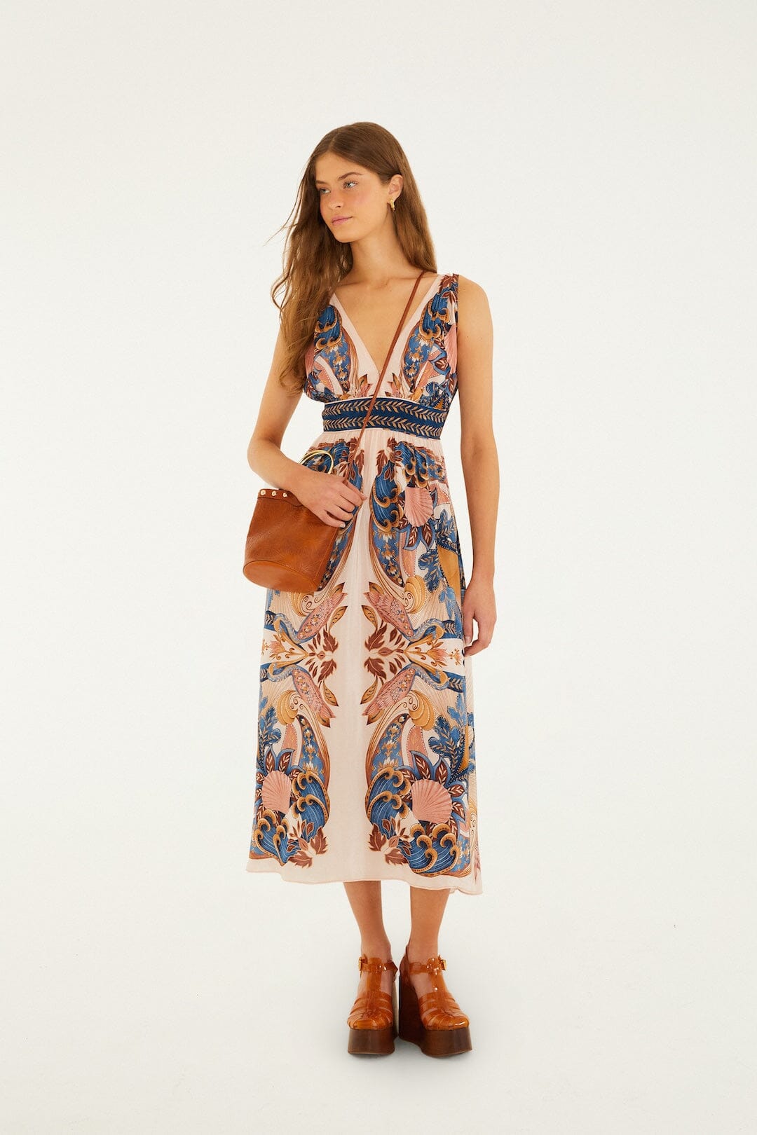 Soft Pink Garden Scarf V Neck Midi Dress - FARM Rio GARDEN SCARF SOFT PINK
