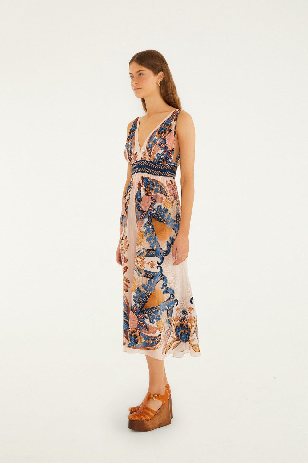 Soft Pink Garden Scarf V Neck Midi Dress - FARM Rio GARDEN SCARF SOFT PINK