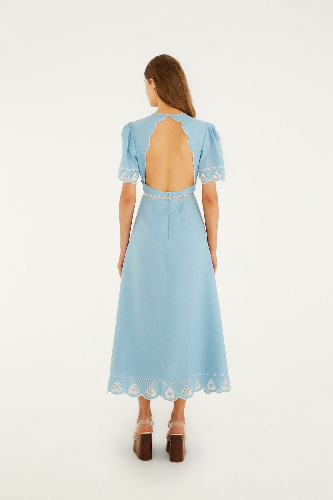 Light Blue Embroidered Euroflax Premium Linene Midi Dress - FARM Rio BLUE