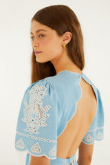 Light Blue Embroidered Euroflax Premium Linene Midi Dress - FARM Rio BLUE
