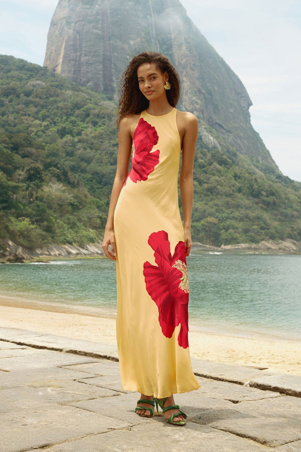 Light Yellow Poppy Flowers Sleeveless Lenzing Ecovero Viscose Maxi Dress - FARM Rio POPPY FLOWERS LIGHT YELLOW