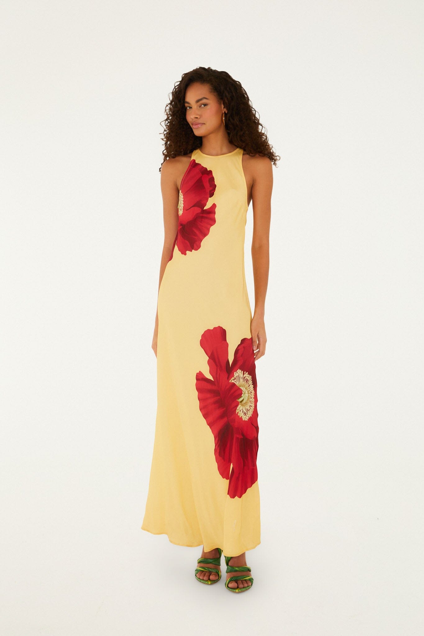 Light Yellow Poppy Flowers Sleeveless Lenzing Ecovero Viscose Maxi Dress - FARM Rio POPPY FLOWERS LIGHT YELLOW