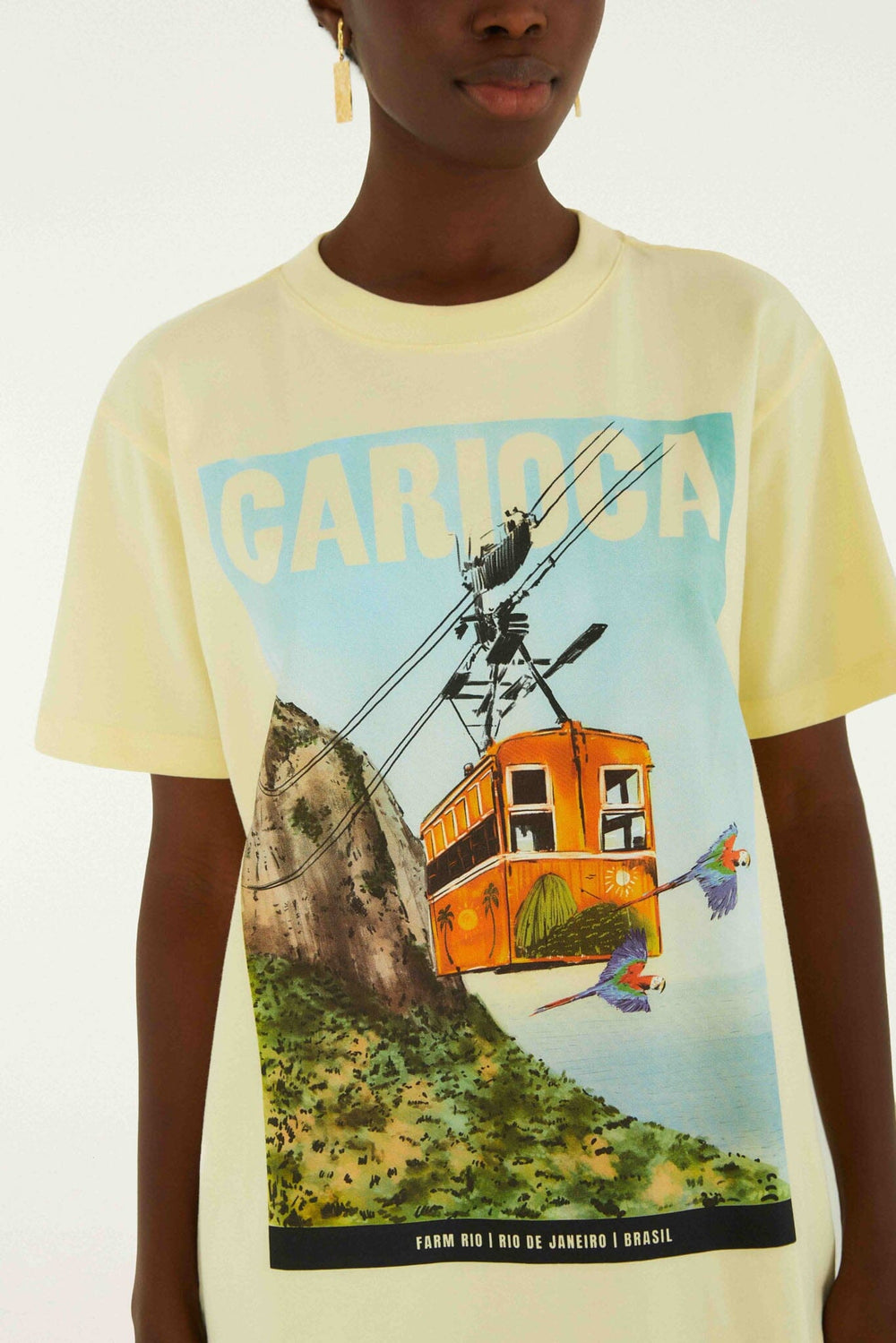 Bondinho Landscape Carioca Organic Cotton Relaxed T-Shirt - FARM Rio LIGHT YELLOW