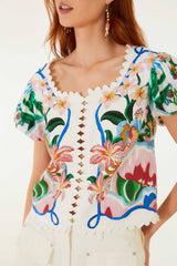 Off-White Garden Of Life Scarf Scalloped Blouse - FARM Rio GARDEN OF LIFE SCARF OFF-WHITE