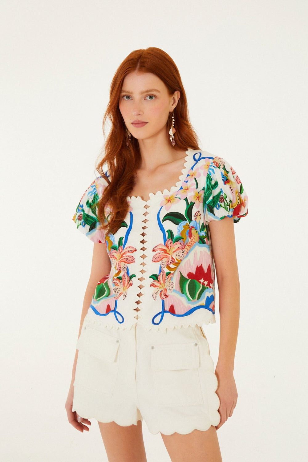 Off-White Garden Of Life Scarf Scalloped Blouse - FARM Rio GARDEN OF LIFE SCARF OFF-WHITE