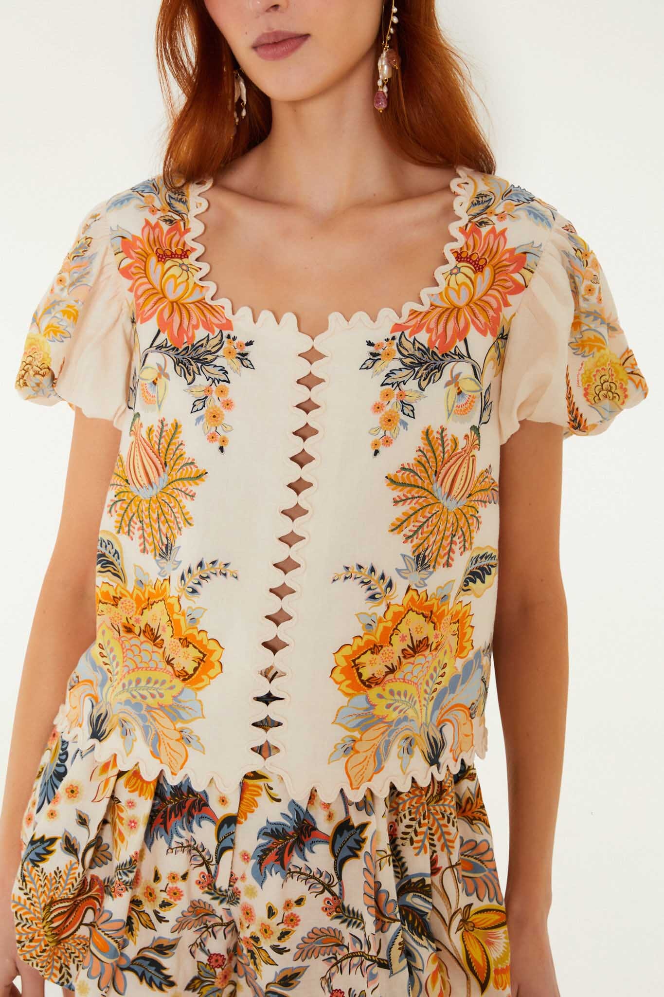 Light Pink Ligia Short Sleeve Lenzing Ecovero Euroflax Blouse - FARM Rio LIGIA FLORAL LIGHT PINK