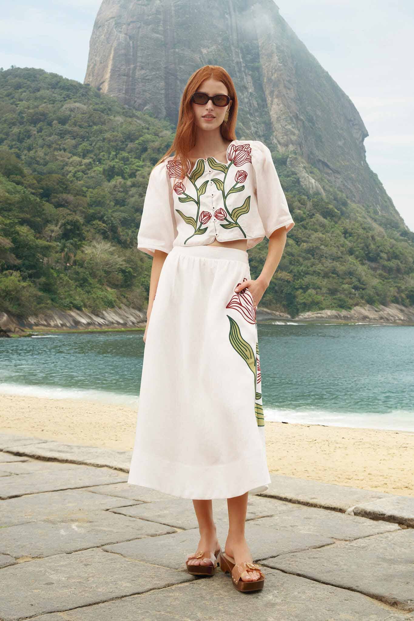 Off-White Flower Embroidered Euroflax Premium Linen Midi Skirt - FARM Rio OFF-WHITE