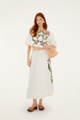 Off-White Flower Embroidered Euroflax Premium Linen Midi Skirt - FARM Rio OFF-WHITE