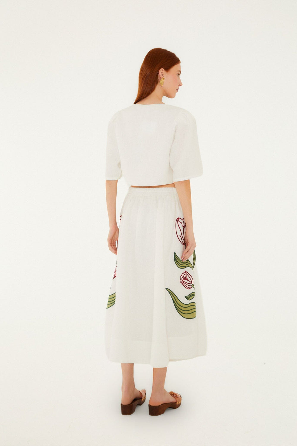 Off-White Flower Embroidered Euroflax Premium Linen Midi Skirt - FARM Rio OFF-WHITE