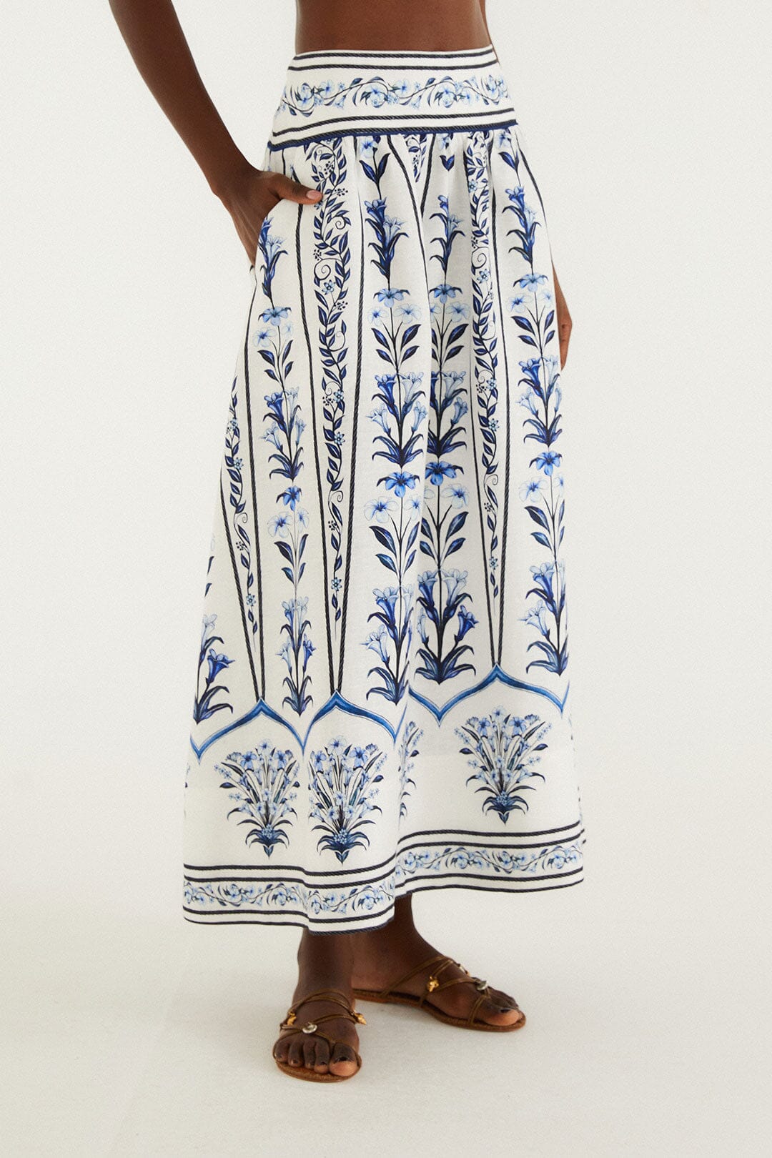 Off-White Flowers Arch Euroflax Premium Linen Maxi Skirt - FARM Rio FLOWERS ARCH OFF-WHITE