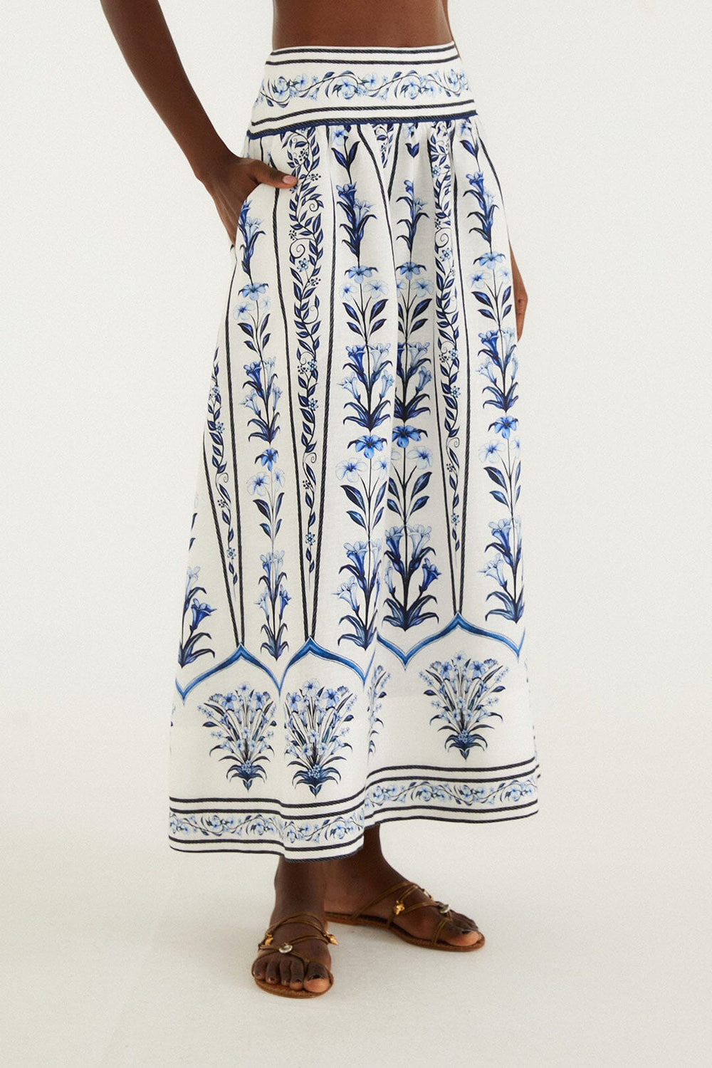 Off-White Flowers Arch Euroflax Premium Linen Maxi Skirt - FARM Rio FLOWERS ARCH OFF-WHITE