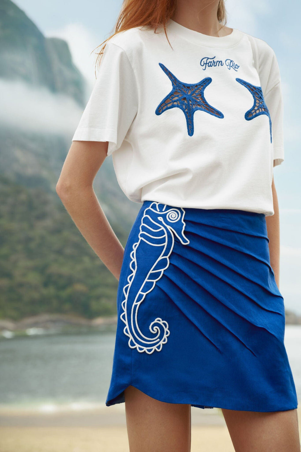 Blue Seahorse Embroidery Euroflax Premium Linen Mini Skirt - FARM Rio BLUE