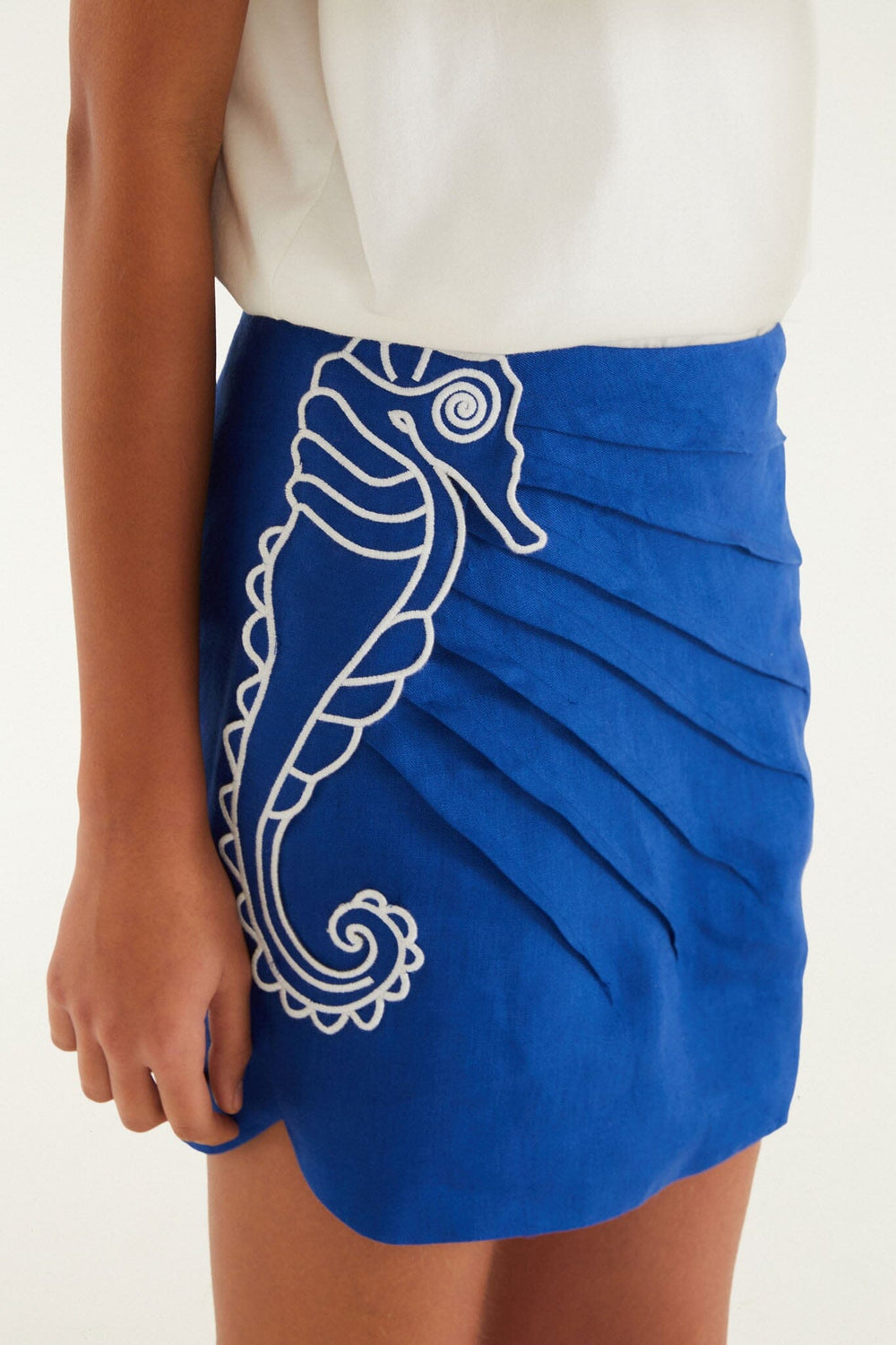 Blue Seahorse Embroidery Euroflax Premium Linen Mini Skirt - FARM Rio BLUE